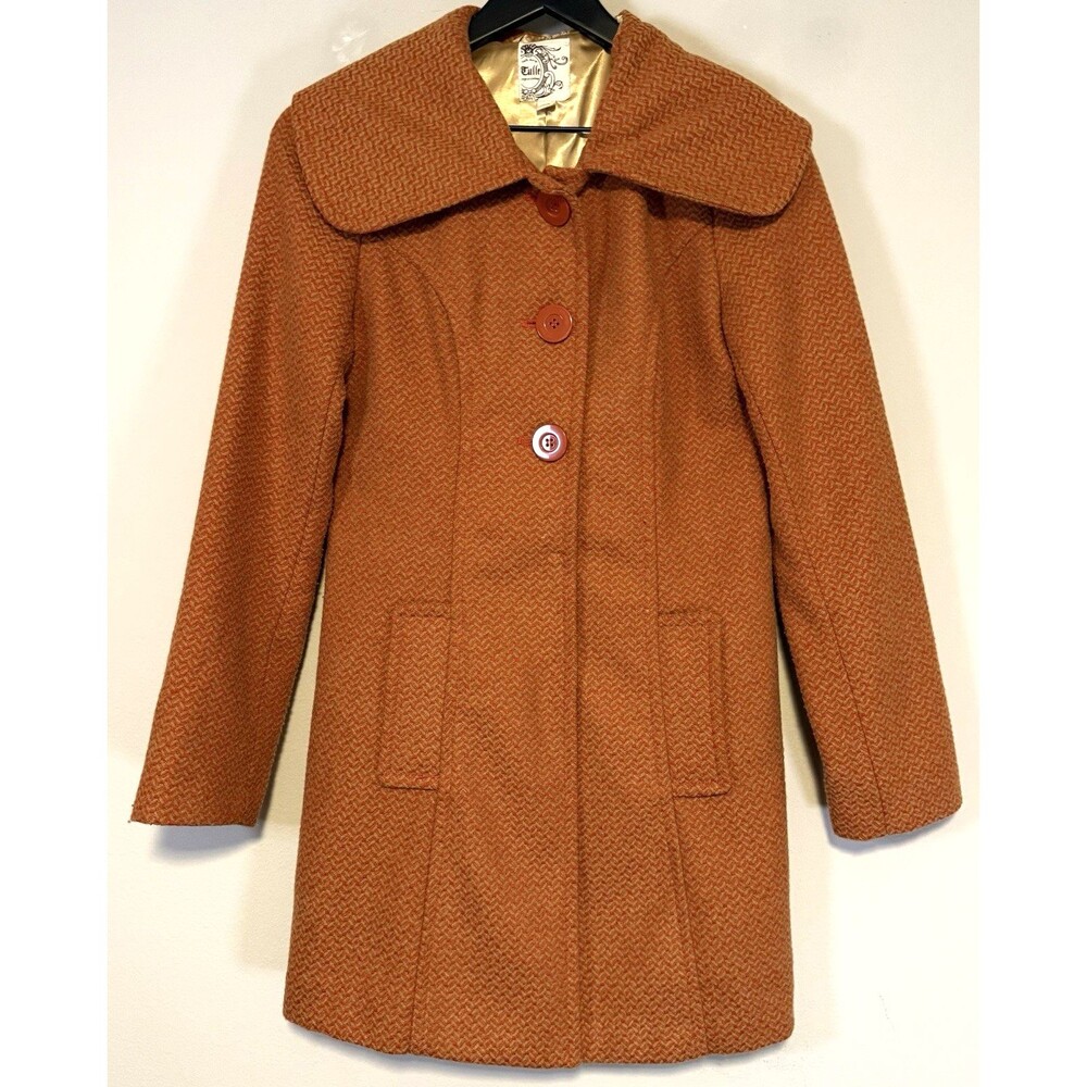 Anthropologie Tulle Wool Pea Coat Sz Medium Orange Chevron Tweed